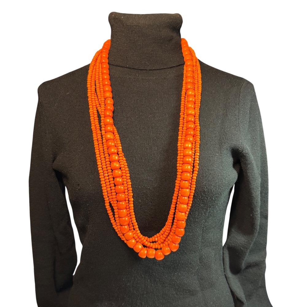 Vintage Orange Multi Strand Wood Bead Statement Necklace Chunky Boho Toggle 35in